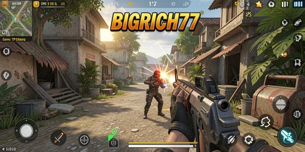 Tangkapan layar gameplay BIGRICH77 menampilkan pertempuran intens di arena.
