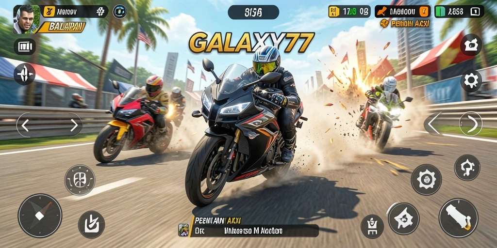 Tampilan gameplay intens dan mendebarkan dari GALAXY77 saat balapan motor.