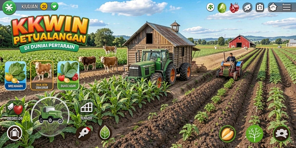 Screenshot KKWIN menunjukkan kebun cantik dan hewan ternak yang beragam.