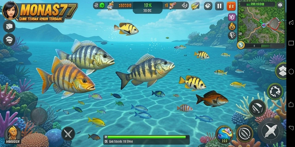 Tampilan gameplay seru dalam MONAS77 saat menangkap ikan.