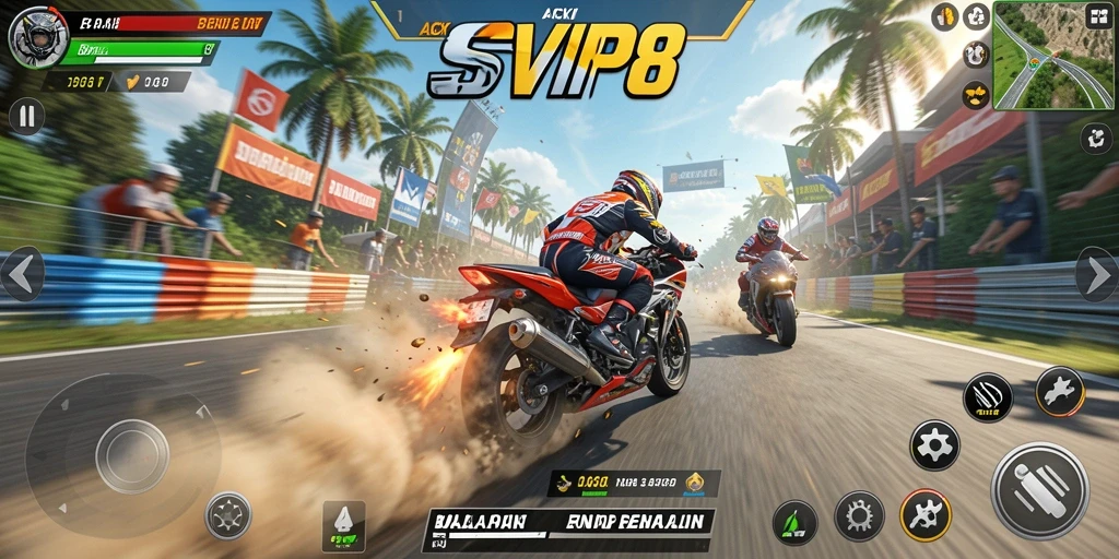 Tampilan gameplay balapan seru di SVIP8 dengan mobil yang melaju cepat.